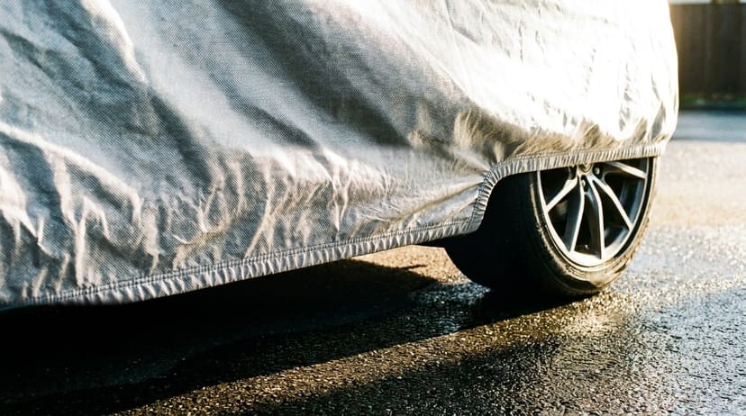 Fitted car cover drawn snug around the wheel arch, its elastic hem cinched along the rocker