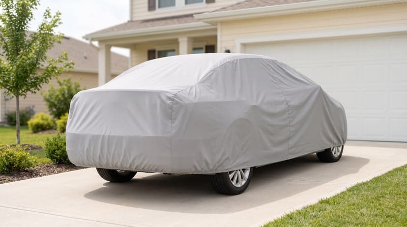 The rear of a sedan under a light grey cover on a concrete driveway in front of a cream house and a white garage door.