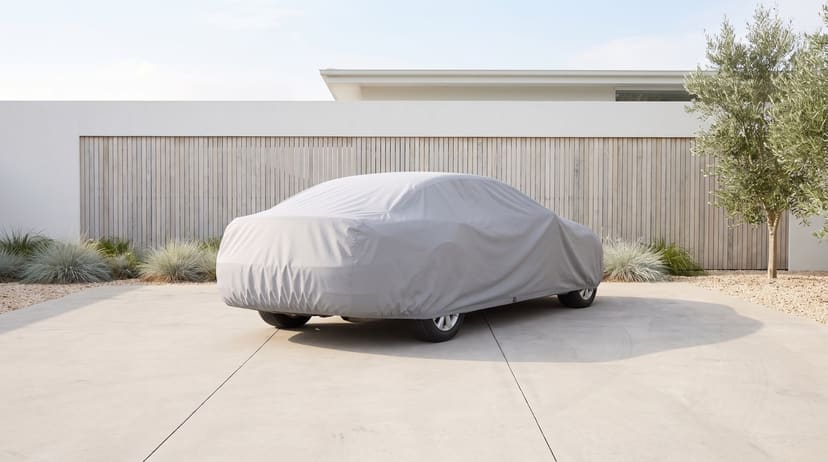 The rear of a sedan under a light grey cover on a pale concrete forecourt, a slatted wood wall, ornamental grasses and an olive tree behind.