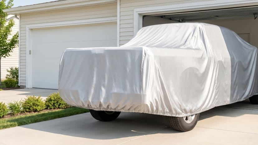 The rear of a pickup under a silver cover on a concrete driveway, parked nose-in at an open garage.