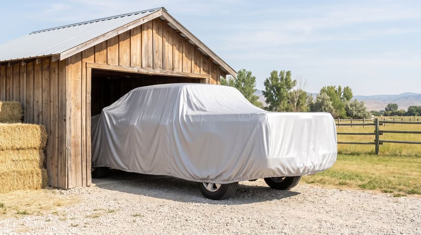 A pickup under a silver cover on a gravel yard, nosed into an open timber barn, hay bales and a fenced pasture beside it.