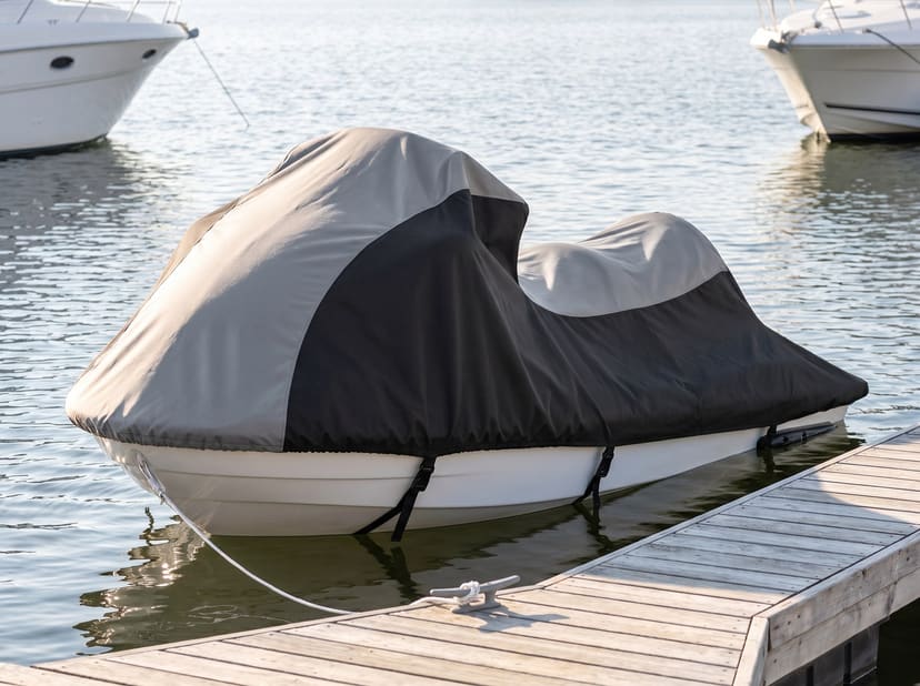 A personal watercraft under a gray and black two-tone cover, floating in its slip beside a wooden dock in soft morning light, a line tied to the dock cleat and boats moored behind.