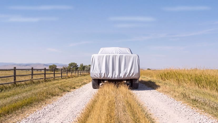 The rear of a pickup under a silver cover on a farm track between grass fields under open sky.