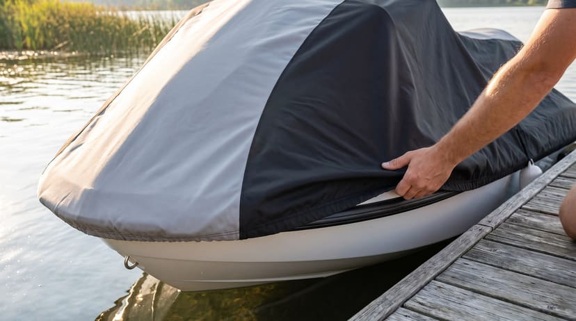 A hand drawing the elastic hem of a gray and black two-tone cover down over the rub rail of a personal watercraft beside a wooden dock.