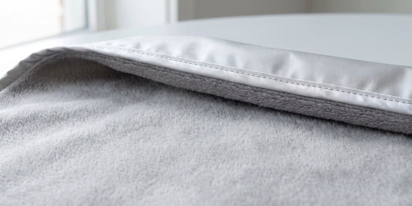 Close up of the edge of a silver cover folded back to show the soft grey fleece liner underneath.