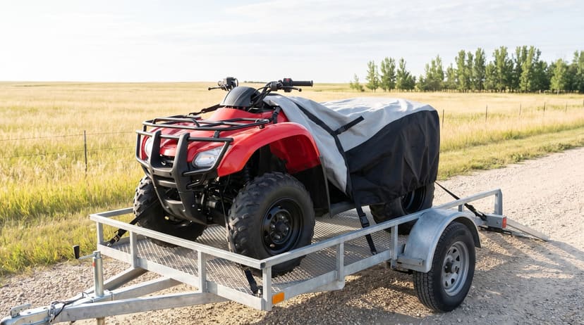 A red ATV on a mesh-deck utility trailer on a gravel road beside open prairie, its gray and black two-tone cover drawn back off the front over the seat and rear rack.