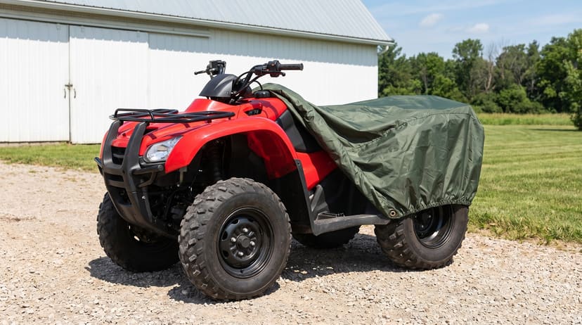 A red ATV on a gravel yard in front of a white barn, its olive green cover drawn back off the front over the seat and rear rack.