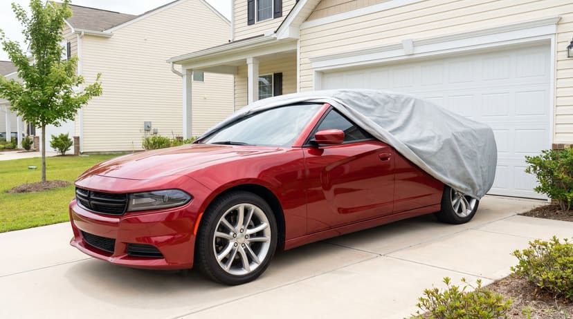 A red sedan with a light grey cover drawn back off the front, the door mirror in the open, on a concrete drive in front of a cream house.