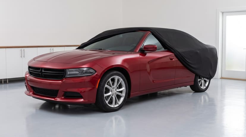 A red sedan with a black stretch cover drawn back off the front, the door mirror in the open, in a bright white garage.