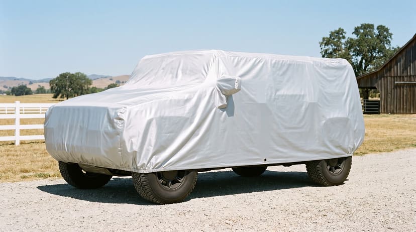 A large boxy off-roader fully covered in a bright silver cover, mirrors in sewn pockets, on a gravel ranch drive.