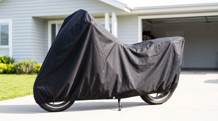 A touring motorcycle with a tall windshield under a matte black cover, on its side stand on a sunlit driveway in front of an open garage.