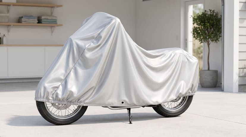A motorcycle with spoked wheels under a bright silver cover, on its side stand at the open door of a bright, tidy garage with shelves and a potted tree.
