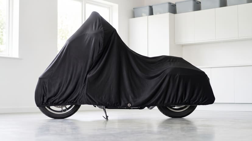 A touring motorcycle under a black satin cover, on its side stand in a bright white garage with cabinets and storage bins.