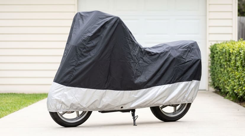 A motorcycle under a black cover with a silver lower band, on its side stand on a pale driveway in front of a white garage door and a clipped hedge.