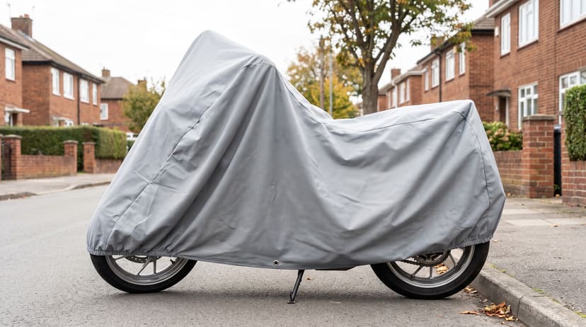 A motorcycle under a matte mid grey cover, on its side stand at the curb of a street of brick houses on an overcast day.