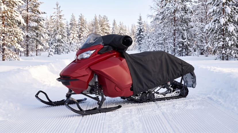 A red snowmobile on a groomed trail in a snowy pine forest, its black cover rolled back onto the handlebars behind the windscreen.