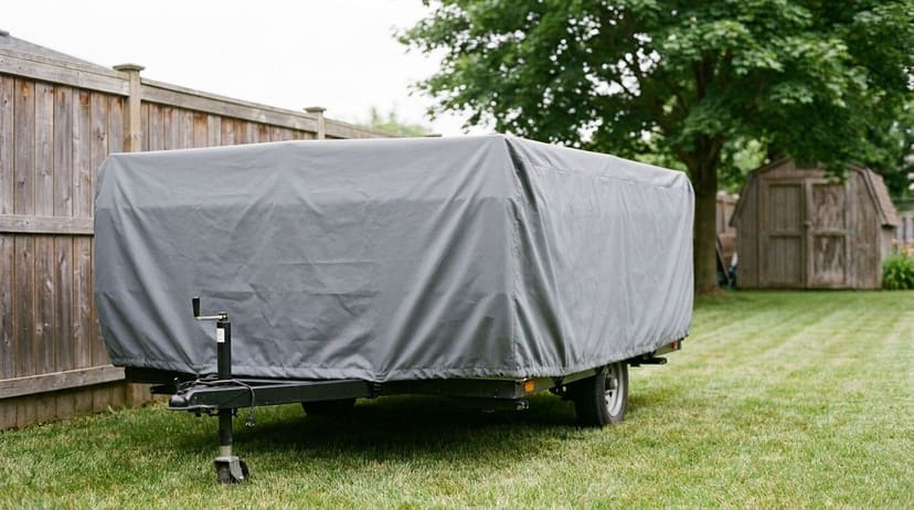 A folded pop-up camping trailer in a side yard beside a wooden fence, under a fitted grey cover.