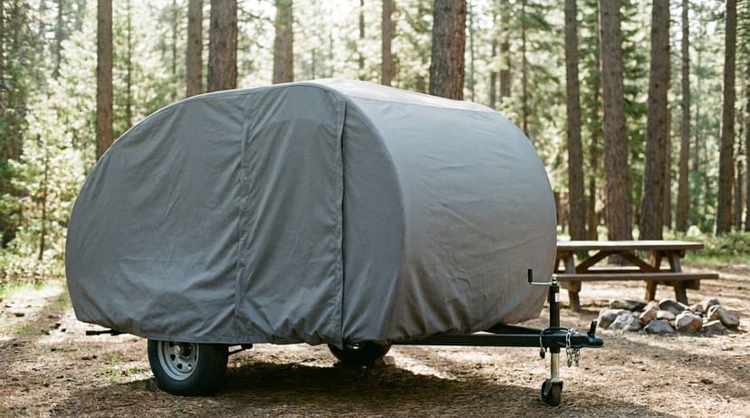 A teardrop trailer on its tongue jack at a forest campsite, under a fitted grey cover that follows its curve.