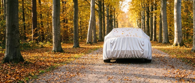 The rear of a car under a bright silver cover on a gravel avenue lined with autumn trees, fallen leaves on its roof.
