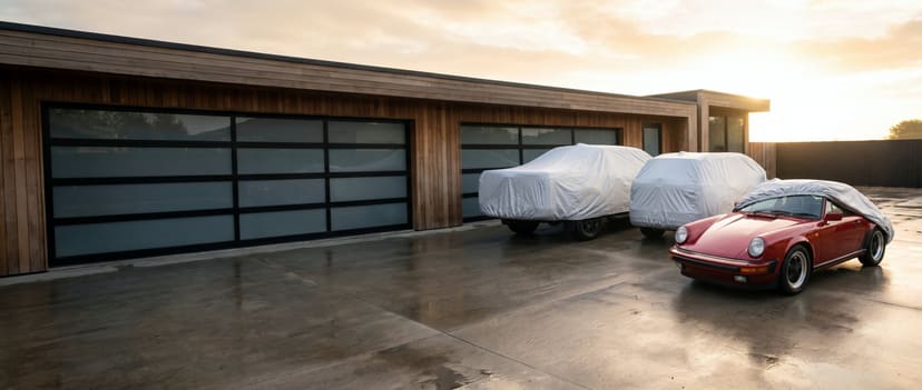 A pickup and an SUV under silver covers on a wet driveway, beside a red classic sports car with its cover pulled half off.