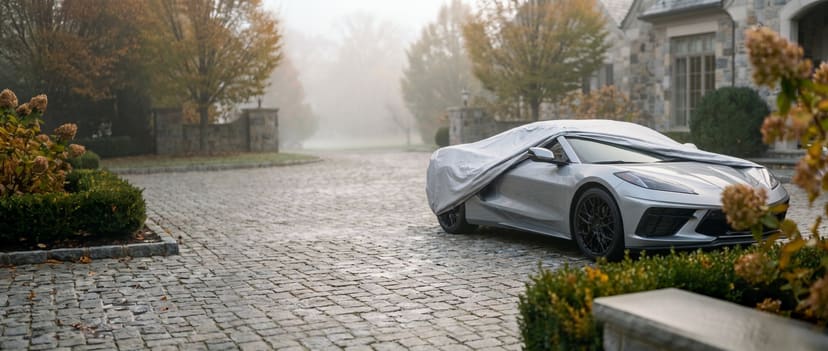 A silver C8 Corvette under a fitted AllGuard cover, drawn back from the front, parked on a misty cobblestone estate driveway