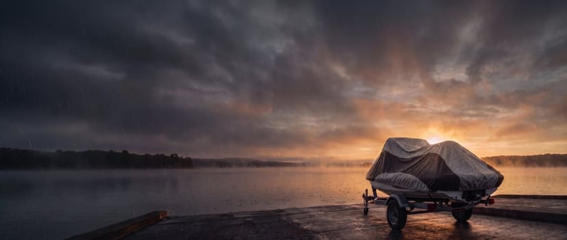 Two-tone cover draped loose over a personal watercraft on its trailer at a misty lake ramp