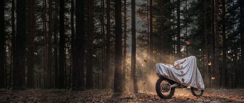 Silver cover on a dirt bike in a pine forest with autumn leaves on the seat and ground