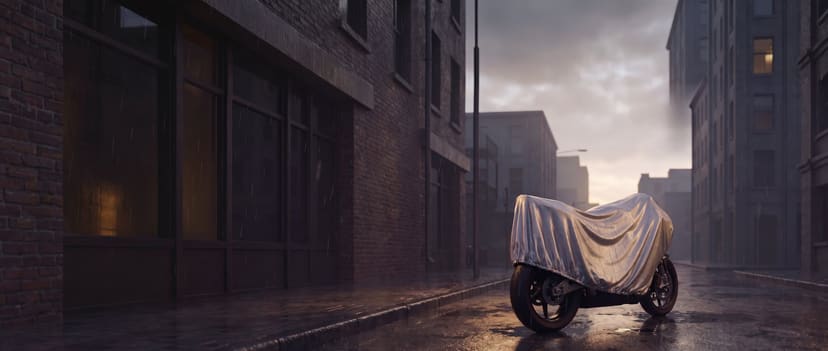 Silver cover on a sport bike beaded with rain in a wet brick alley at dusk