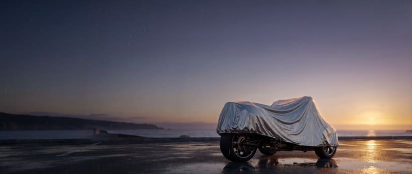 Silver cover on a three-wheel motorcycle beaded with rain in a wet coastal car park at sunset