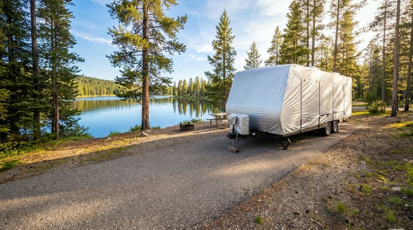A travel trailer at a lakeside campsite among pines, under a fitted silver cover.