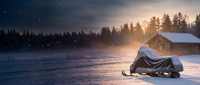 Two-tone cover on a snowmobile dusted with fresh snow in front of a log cabin at sunrise