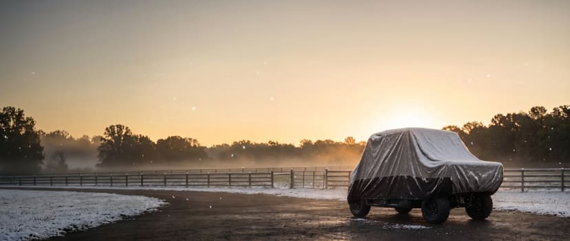 Two-tone cover on a utility side-by-side dusted with snow by a ranch fence