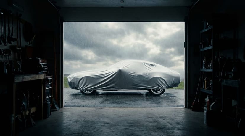 Covered car framed through a garage doorway on a rainy day