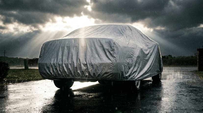 A covered car rear-on under storm clouds and god-rays on a wet driveway