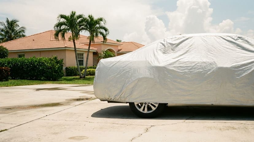 The rear of a sedan under a silver cover on a sunlit driveway, palm trees and a house behind.