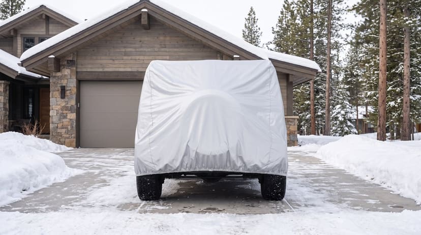 The rear of a big boxy off-road SUV under a silver cover, its spare wheel a round swell, on a snowy driveway in front of a stone and timber house.
