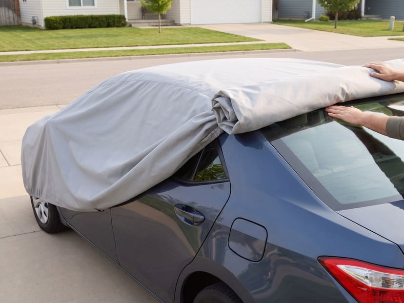 Hands rolling a light grey cover forward off the back of a dark blue sedan in a driveway