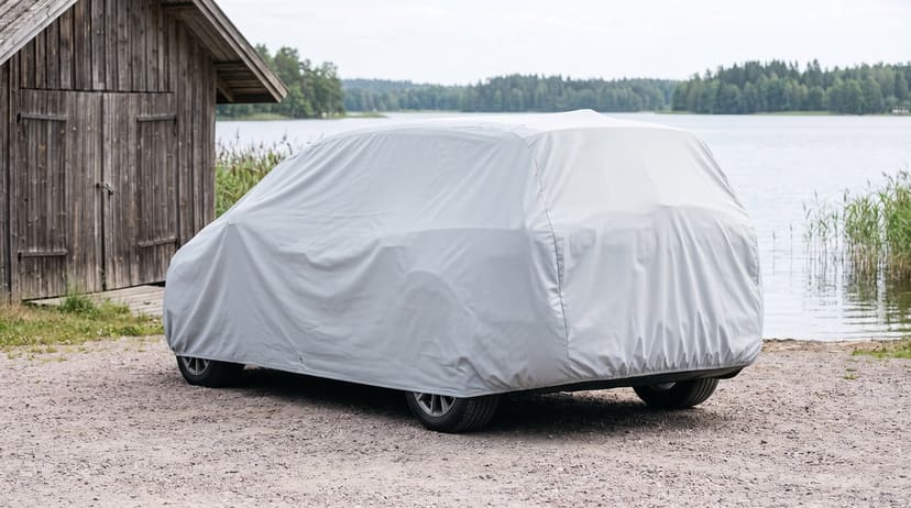 The rear of a minivan under a light grey cover on a gravel lot beside a wooden boathouse on a lake shore.