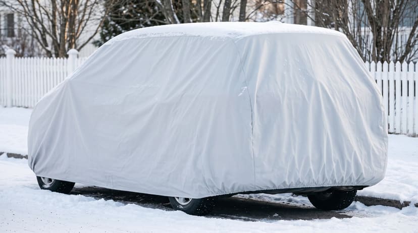 The rear of a minivan under a light grey cover at a snowy curb beside a white picket fence.
