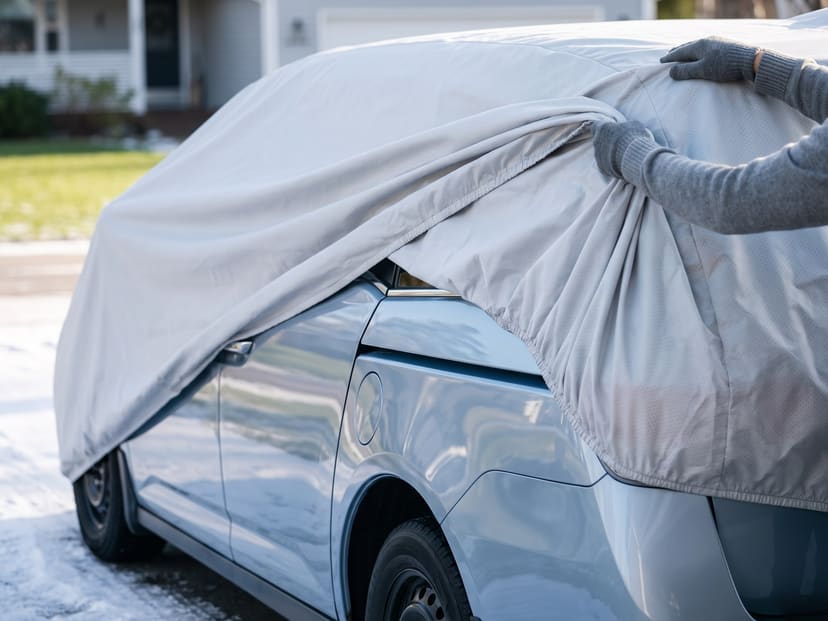 Hands drawing a light grey cover back over the rear of a silver-blue minivan on a frosty driveway