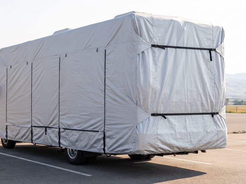 A Class A motorhome in a paved storage lot, under a fitted silver cover.