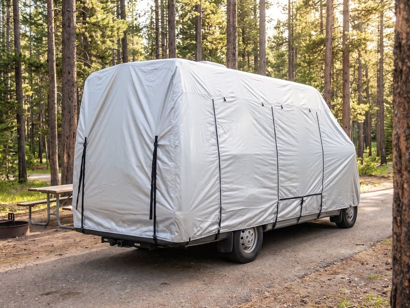 A Class B camper van at a forest campground, under a fitted silver cover.