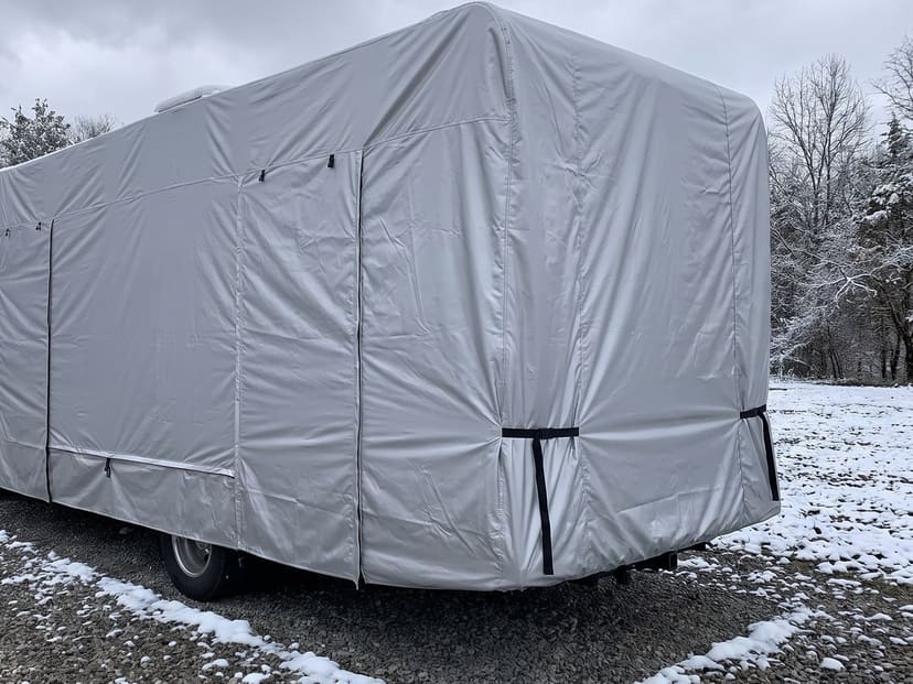 The rear of a motorhome in a snowy storage lot, under a fitted silver cover strapped at the corners.