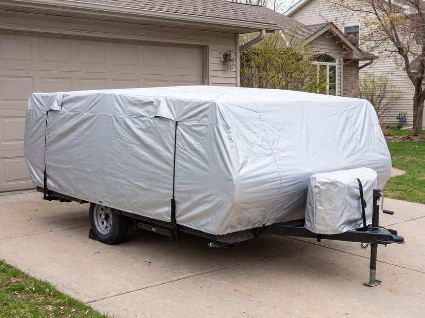 A folded pop-up camping trailer on a driveway in front of a garage, under a fitted silver cover.