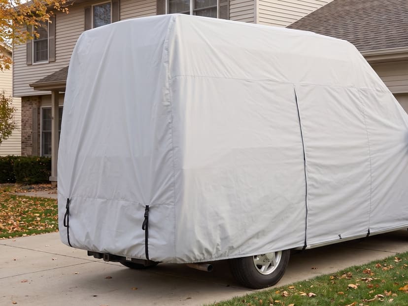The rear of a camper van on a driveway beside a house in autumn, under a fitted light grey cover.