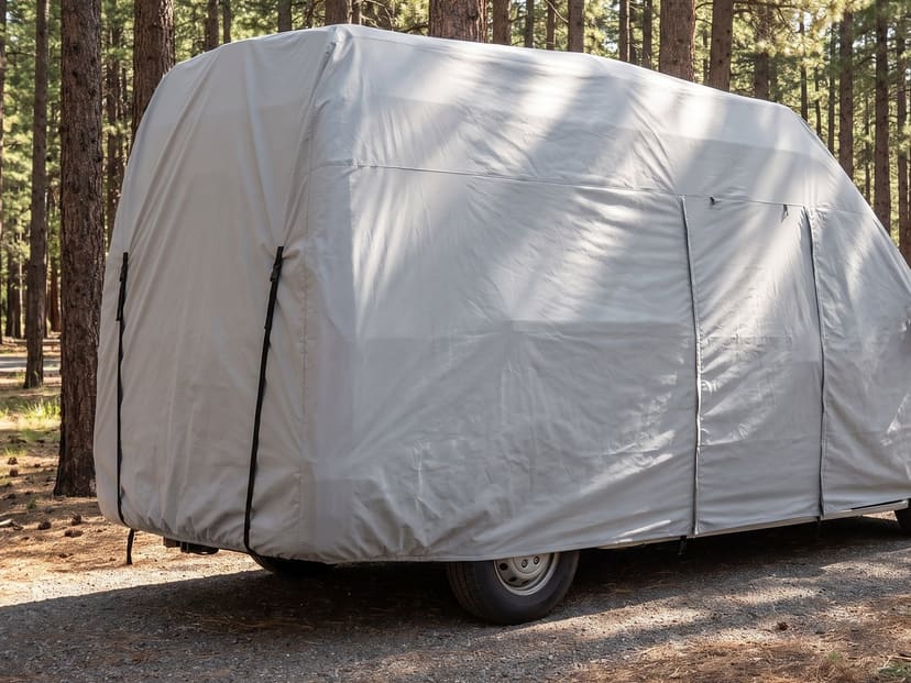 A camper van at a pine forest campground, under a fitted light grey cover.