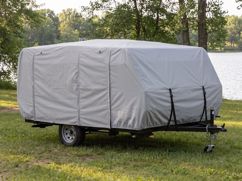 A folded pop-up camping trailer on the grass by a lake, under a fitted light grey cover.