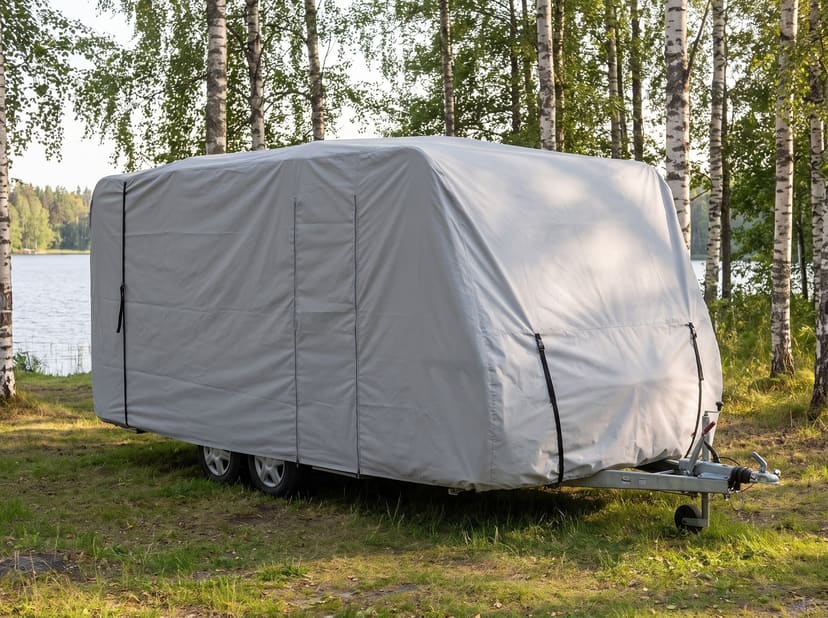 A travel trailer at a lakeside campsite among birch trees, under a fitted light grey cover.