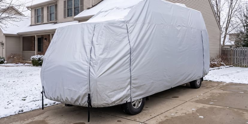 A Class B camper van on a snowy driveway beside a house, under a fitted silver cover.