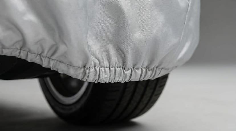 Close up of the elastic hem of a silver cover gathered over the top of a tire.